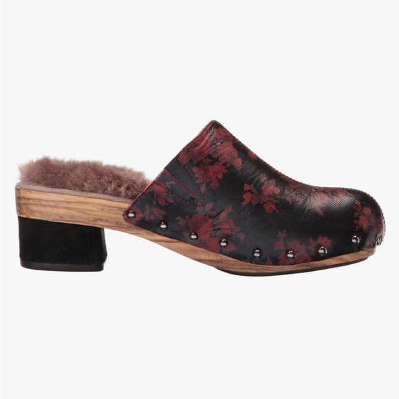 NWT Womens Jambu Monaco Floral Leather Mule Clogs Studded Fur Wood Wine Sz 11 - Picture 1 of 13